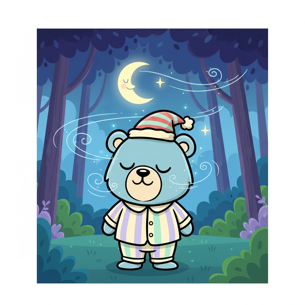 A soft, cool breeze rustles the leaves high above his head. It whispers through the trees, a calming, invisible friend in the quiet forest. Barnaby closes his eyes for a moment, feeling the peaceful night air.