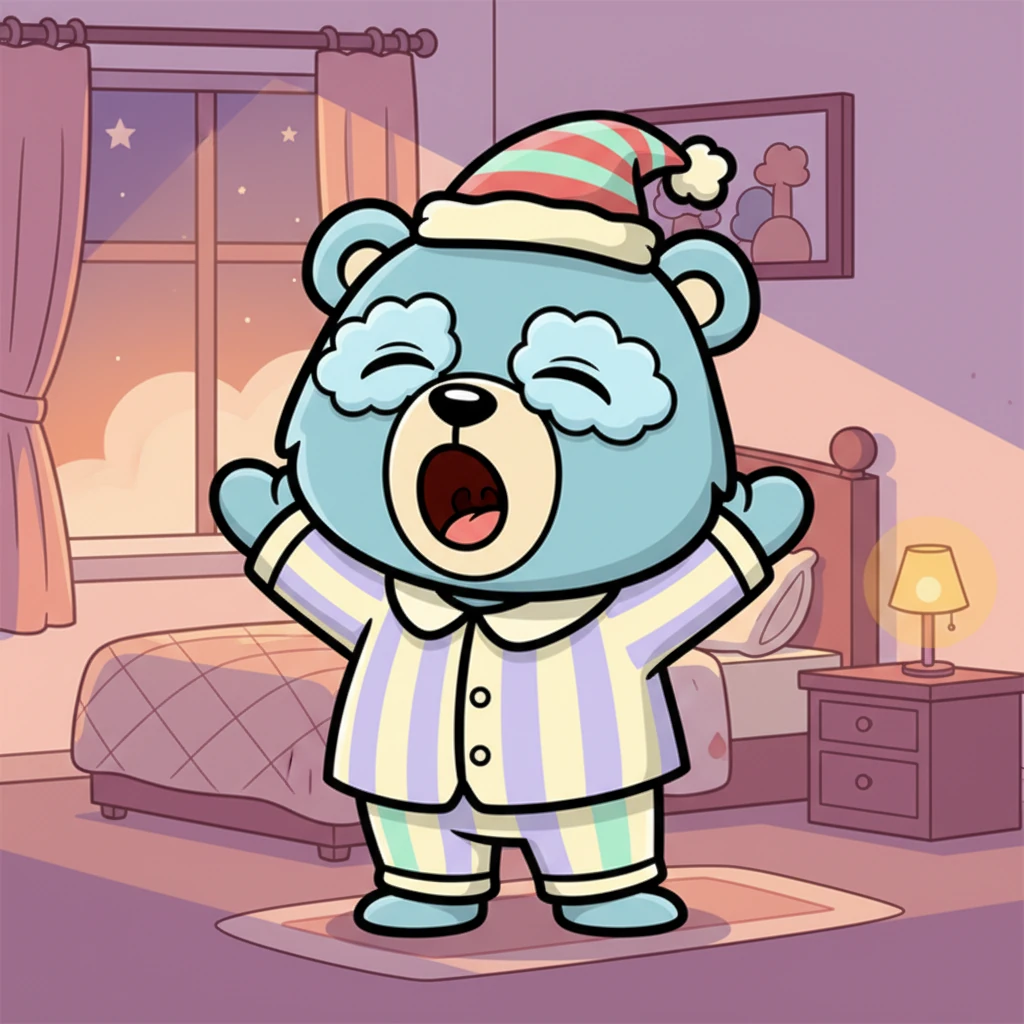 His eyelids feel heavy now, like two sleepy clouds floating in the sky. A big, wide yawn stretches across his face. He feels a sweet tiredness settling deep in his little bear bones.