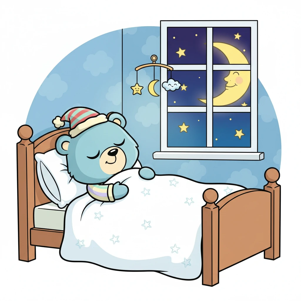 Back in his warm bed, Barnaby snuggles deep into his soft blanket. The moon still peeks through his window, watching over him with a gentle smile. Soon, he is fast asleep, dreaming sweet, starry dreams.