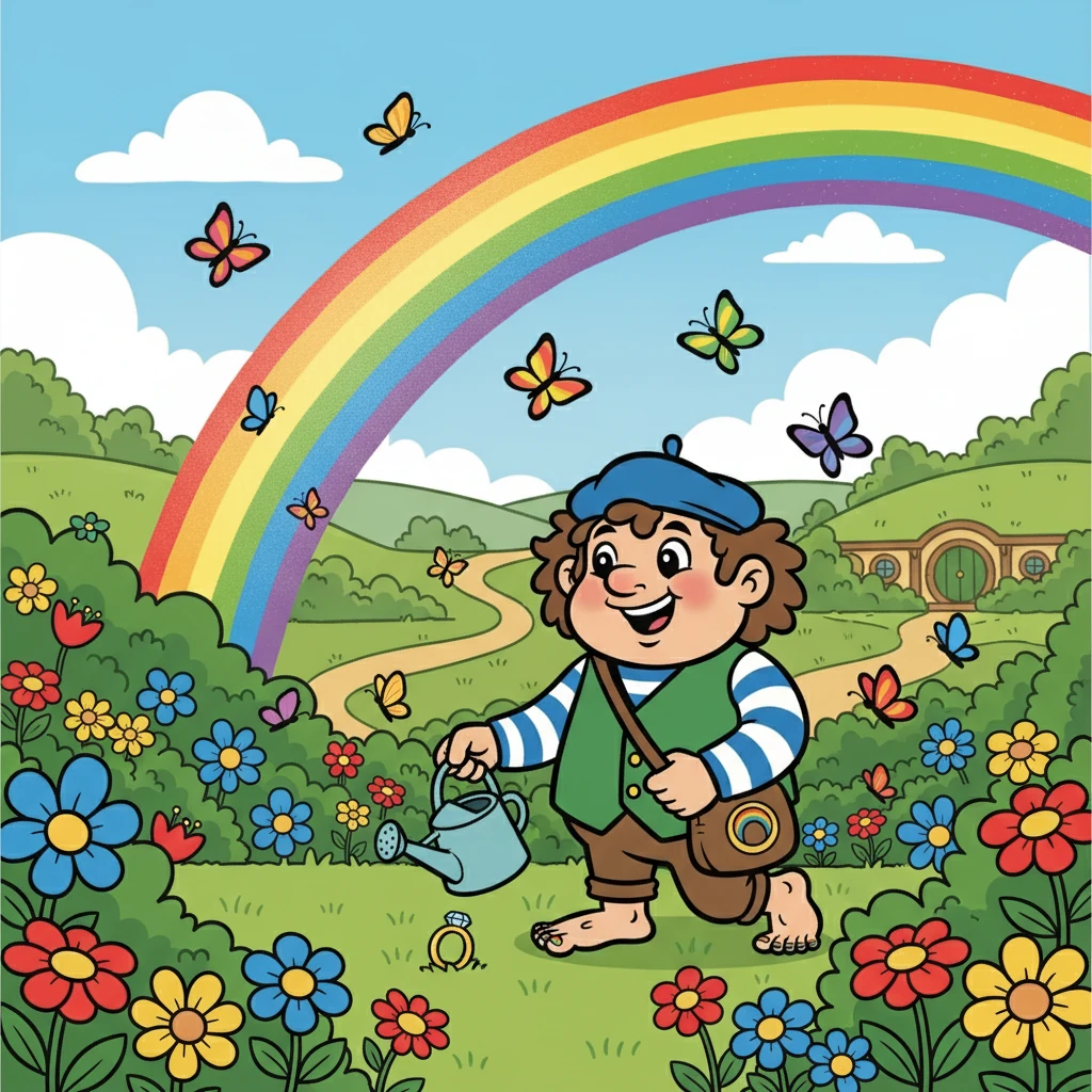 Dans le paisible village de la Comté, Milo Sacdebeurre, un petit hobbit aux pieds poilus, jardinait joyeusement. Soudain, au fond de son jardin fleuri, il découvrit un minuscule anneau brillant. Lorsqu'il dit un mot gentil, l'anneau fit apparaître un arc-en-ciel chatoyant et des papillons multicolores.