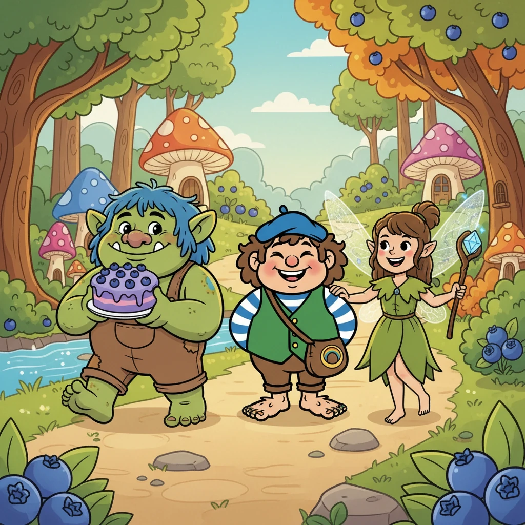 Plus loin, ils croisèrent Gribouille, un jeune troll végétarien qui adorait les gâteaux aux myrtilles. Gribouille, avec sa bonne humeur contagieuse, accepta de les accompagner. Le trio poursuivit sa quête, riant et partageant des moments précieux.