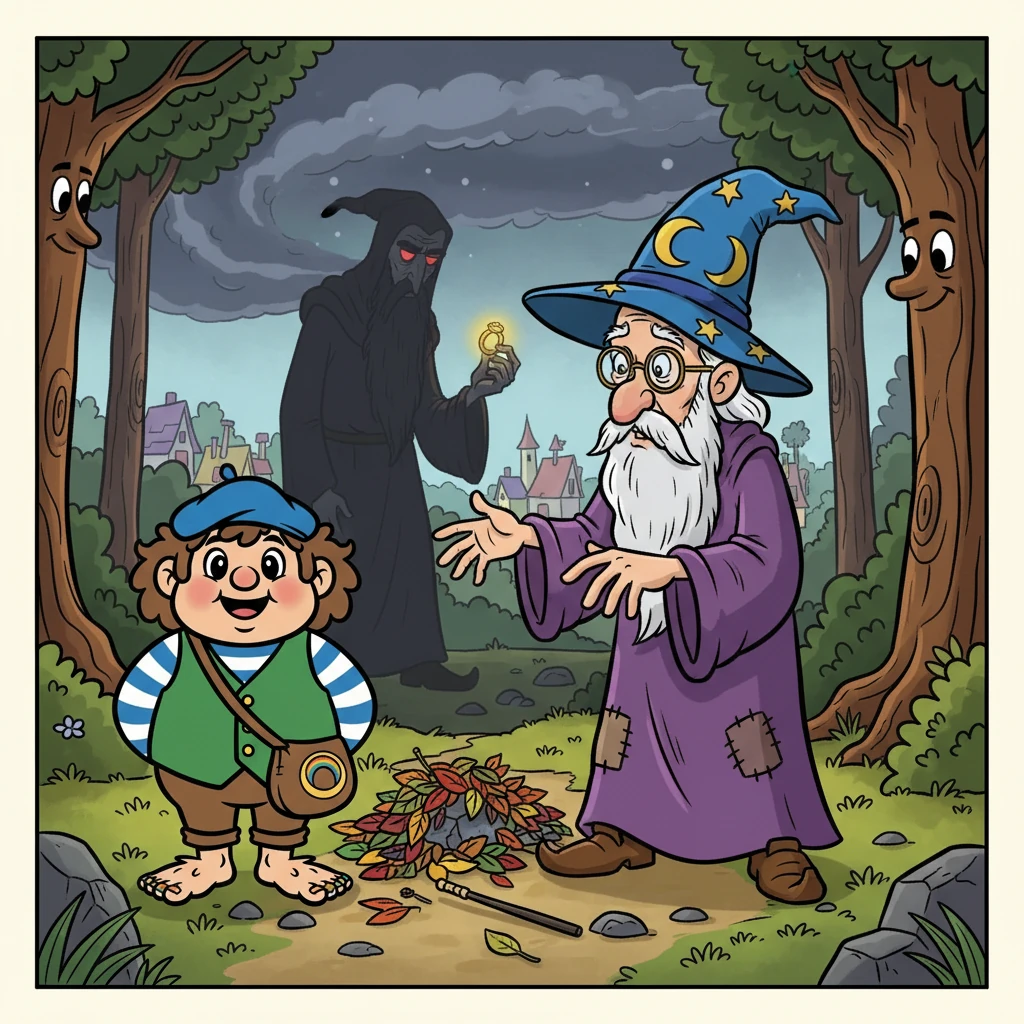 Nos amis rencontrèrent ensuite Toudou, un vieux magicien distrait, qui avait perdu sa baguette magique. Il leur révéla que le méchant sorcier Sombrebarbe voulait voler l'anneau pour plonger le monde dans la tristesse. Ils devaient l'arrêter !