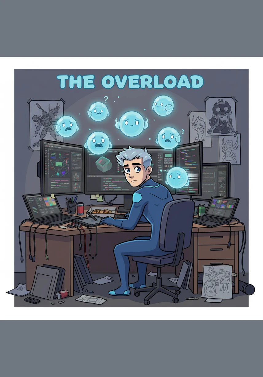 Leo sits at his cluttered desk, surrounded by glowing monitors and mountains of unfinished digital projects. The chaos of open windows and tangled files reflects his overwhelmed mind as he searches for a better way to work. He realizes that he needs more than just a tool; he needs a partner within the machine.