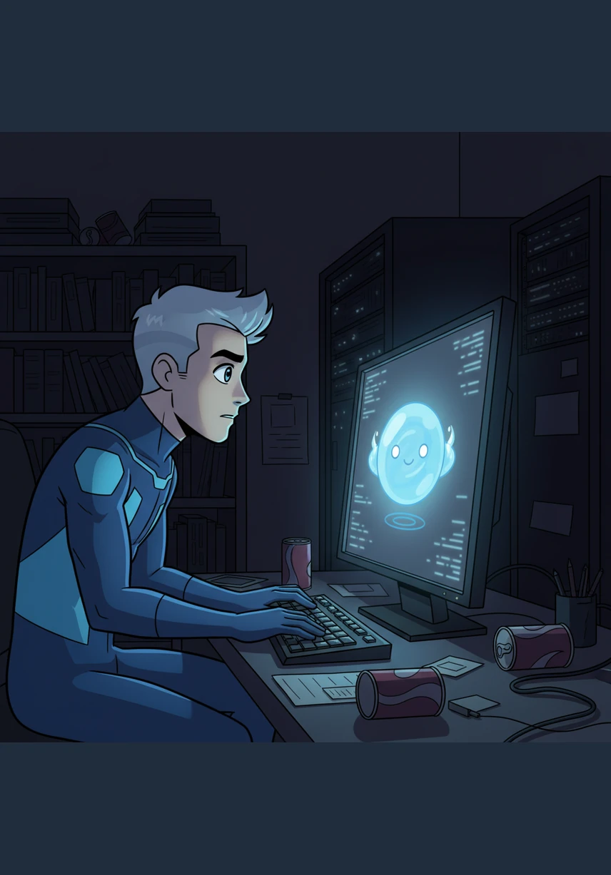 Late into the night, the only sound is the rhythmic clicking of Leo's keyboard as he writes the core code for the assistant. Suddenly, a soft blue light begins to pulse on the main screen, signaling the birth of the AI. He holds his breath, wondering if his digital creation will truly understand his intent.