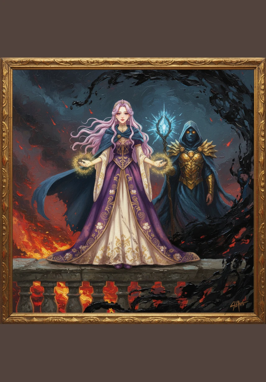 Princess Seraphina stood on her marble balcony, her long lavender hair catching the golden rays of the setting sun. Despite the splendor of her kingdom, her heart felt heavy with the weight of royal expectations and a life planned by others. She gazed toward the distant, misty mountains, longing for an adventure that was truly her own.