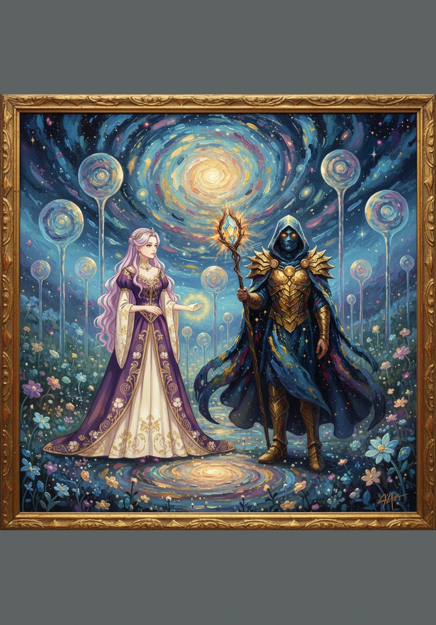 The world around her dissolved into swirls of stardust, and she awoke in a breathtaking celestial garden where flowers glowed like fallen stars. The air was sweet with the scent of jasmine and magic, far removed from the stone walls of her palace. She realized she had stepped into a realm that existed only in legends.