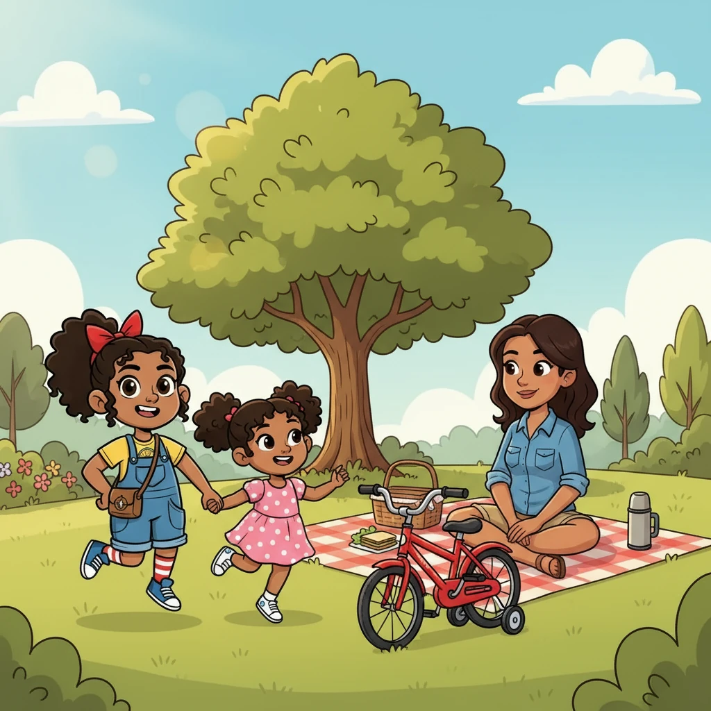 The sun shone brightly as Boma and her little sister, Tonye, skipped towards the park. Mama smiled from a picnic blanket, her eyes twinkling. Today was a special day – Tonye would finally learn to ride her shiny red bike!