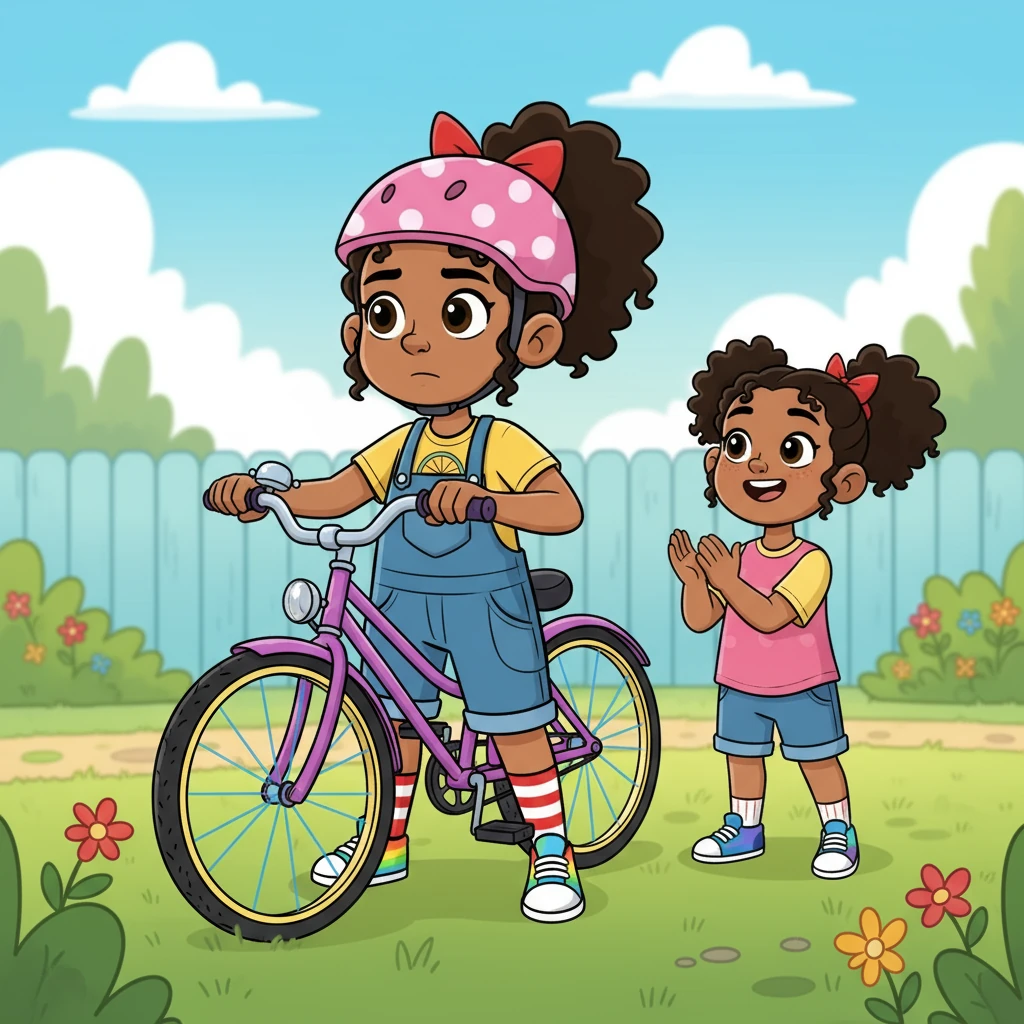 Tonye’s bike gleamed in the sunlight, its bell ready to “ring-ring!” She wore a pink helmet and rainbow shoes, her excitement bubbling over. Boma clapped her hands, encouraging her sister, but Tonye seemed a little nervous.