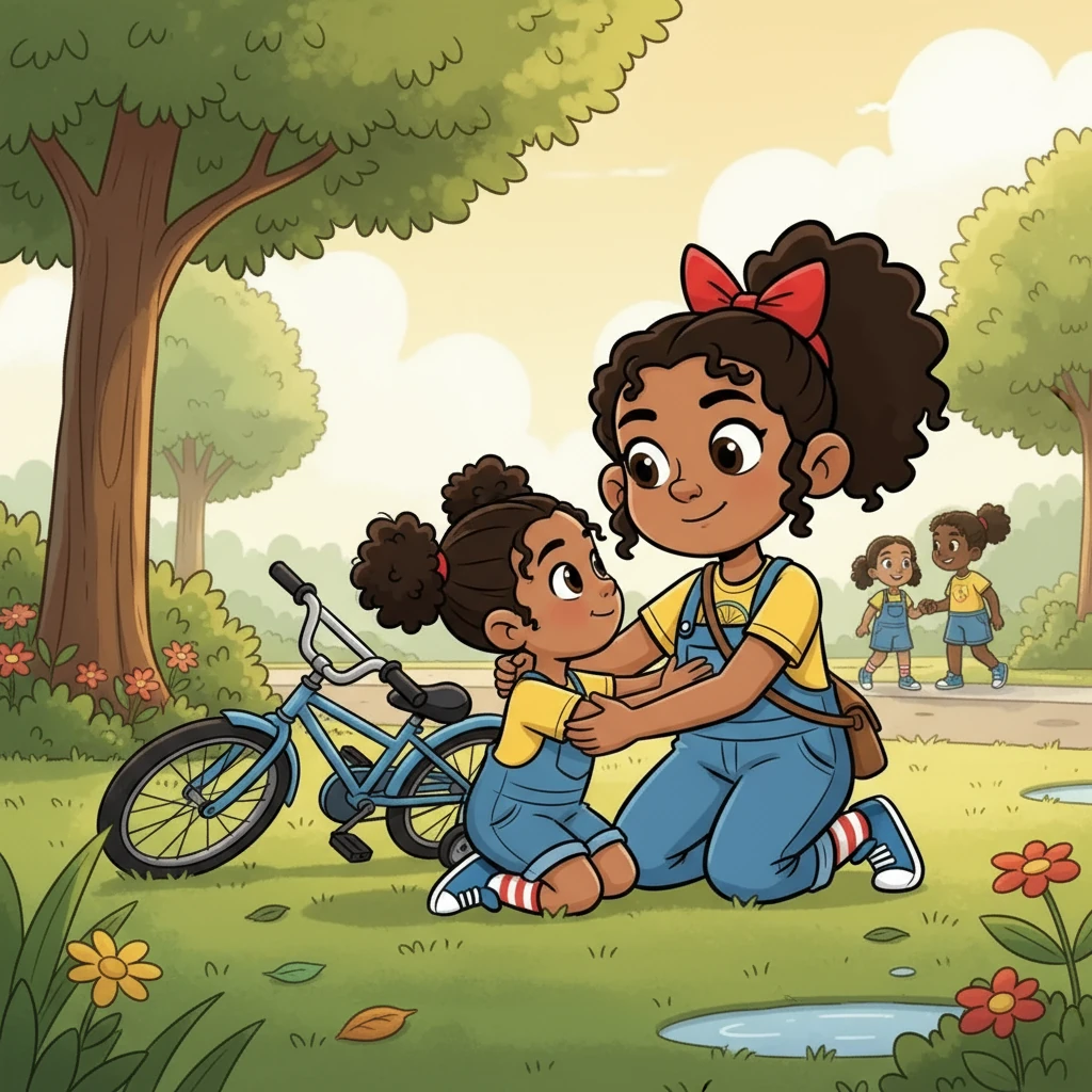 Boma knelt beside Tonye, offering a comforting smile. “It’s okay to fall, that's how we learn,” she said gently, giving her sister a hug. “I’ll be right here, every pedal of the way.”