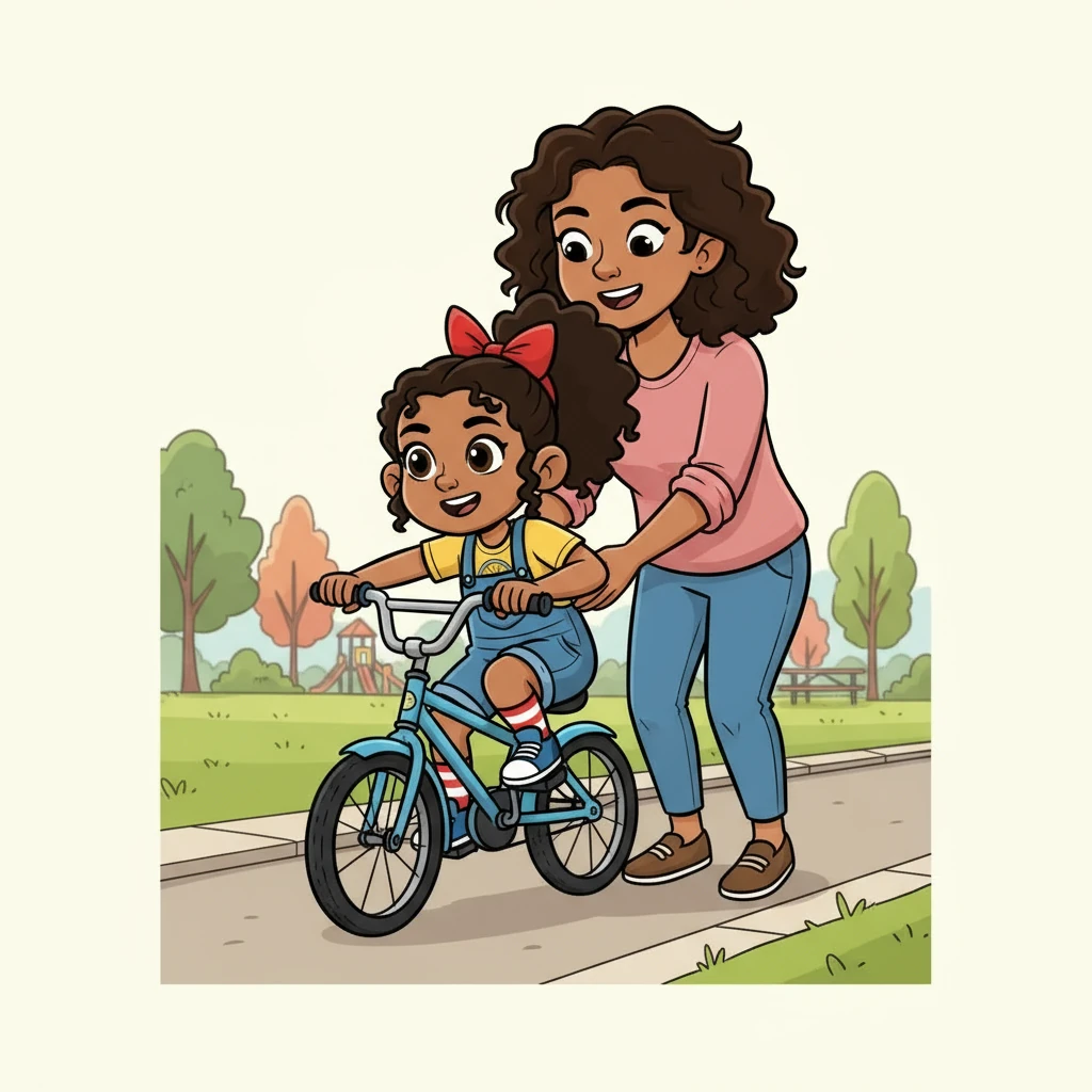 Tonye placed her feet on the pedals, her braids bouncing with anticipation. Boma held the back of the bike, ready to offer support. “Ready?” she asked. With a nod from Tonye and a shout of “Go!”, they began.