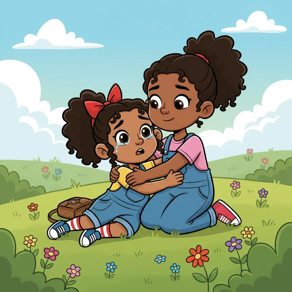 Suddenly, with a wobble and a giggle, Tonye lost her balance and tumbled into the soft grass. Tears welled up in her eyes. Boma rushed over, offering a warm hug and words of encouragement, “You were so brave!”