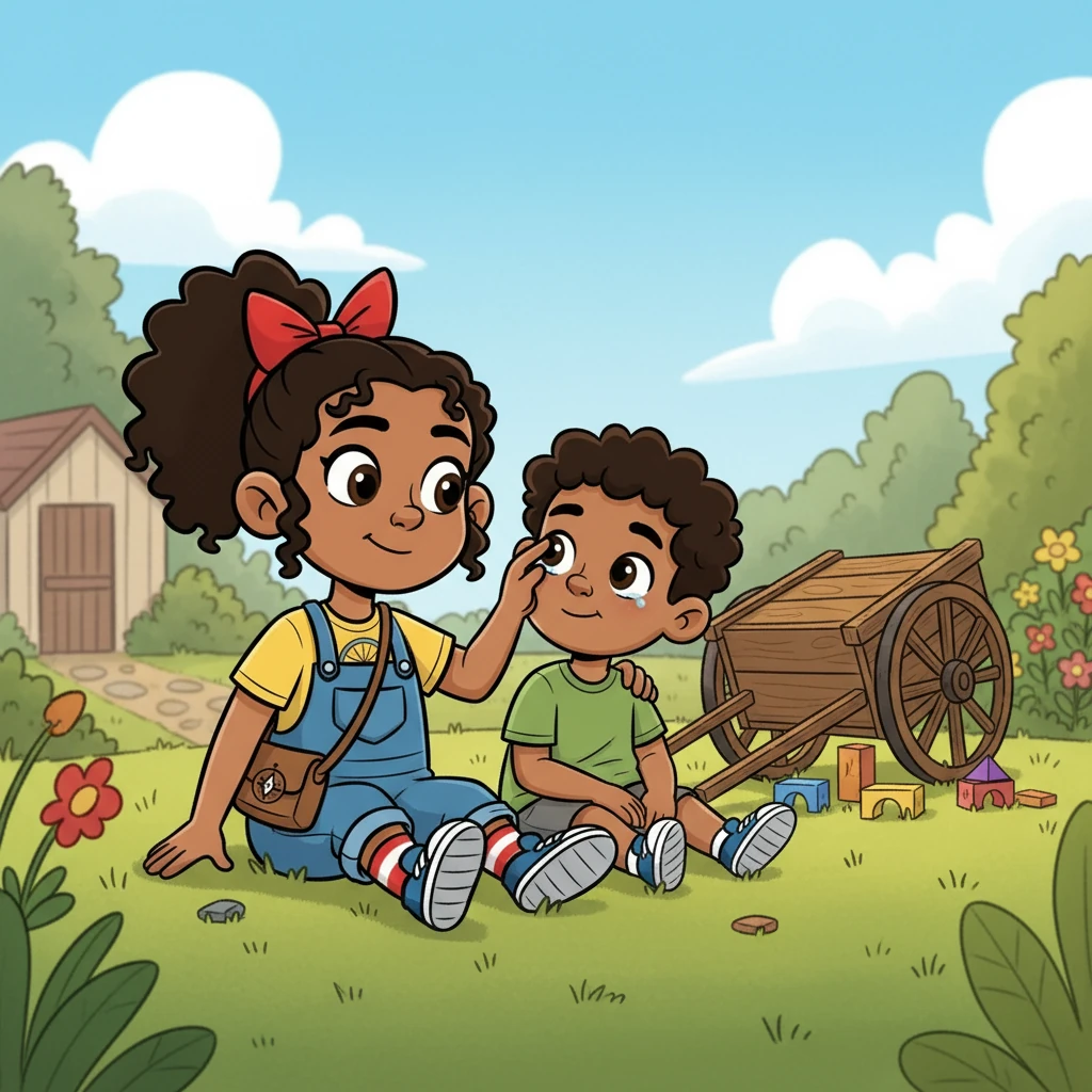 Boma gently wiped away Tonye’s tears. “Love makes us strong,” she whispered, remembering Mama's words. “Let’s try again, slow and steady.” Tonye sniffled, then smiled, ready to face the challenge once more.