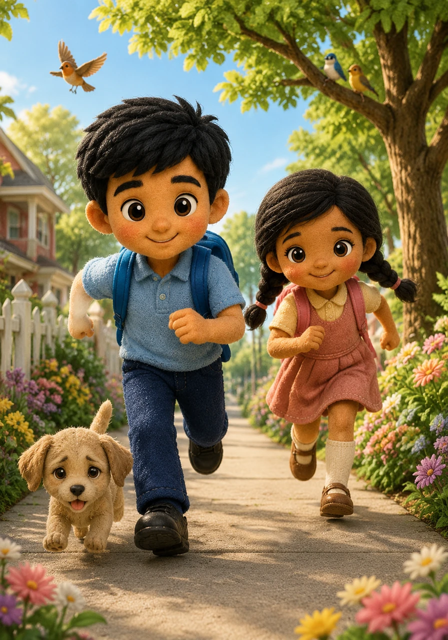 Under a bright morning sky, ten-year-old Aarav and his younger sister Meera race down a cheerful, flower-lined sidewalk on their way to school. Birds chirp happily in the lush trees overhead, and the morning air is full of energy and sweet floral scents.