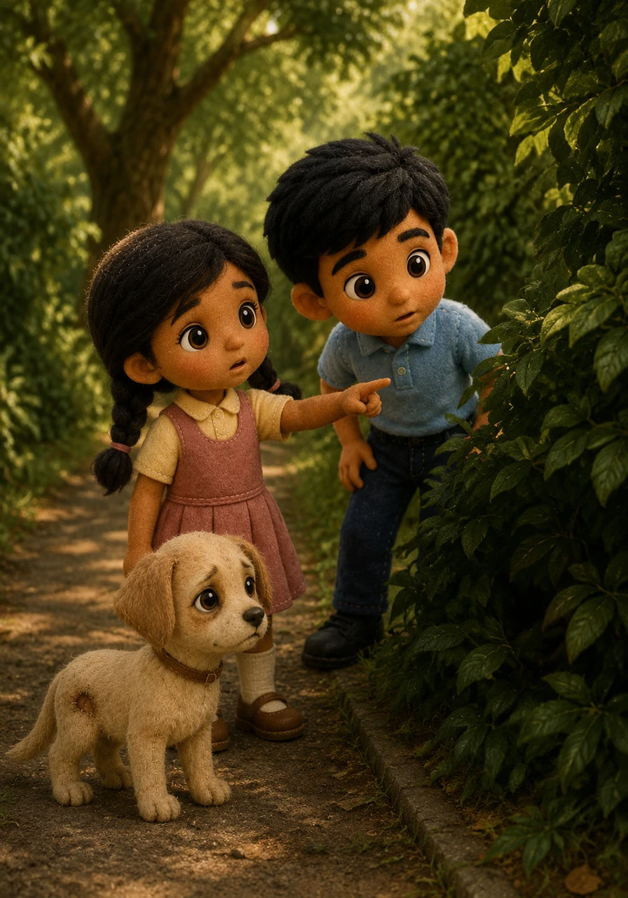 Suddenly, a soft, trembling whimper echoes from the shadows of a thick green bush. The siblings stop in their tracks, tilting their heads to listen as Meera points toward the rustling leaves, her eyes filled with curiosity and concern.