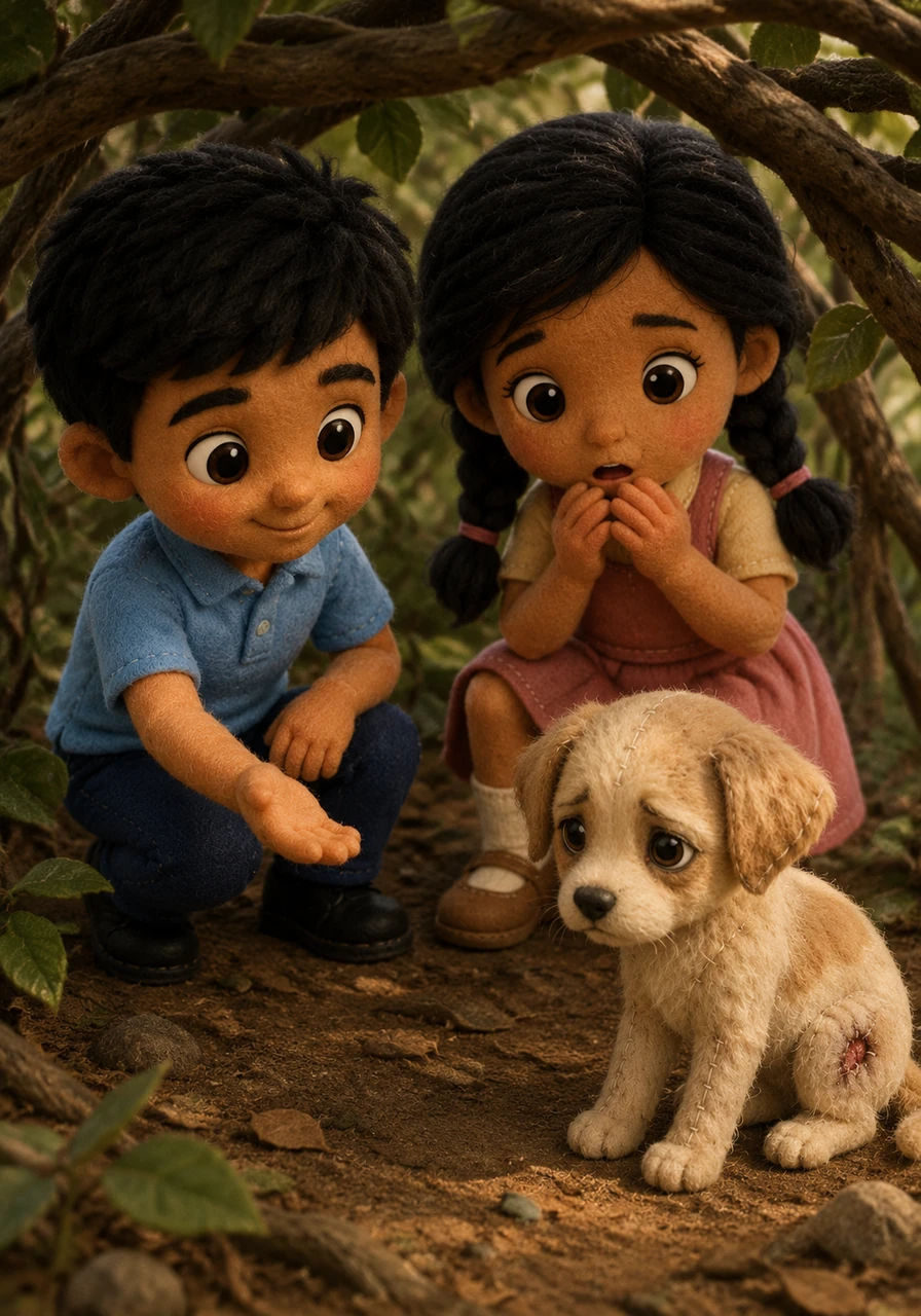 Peeking beneath the branches, they discover a small, shivering stray puppy with sad, soulful eyes and a scratched paw. Meera gasps softly, kneeling down instantly, while Aarav gently reaches out a comforting hand to show the frightened animal they mean no harm.