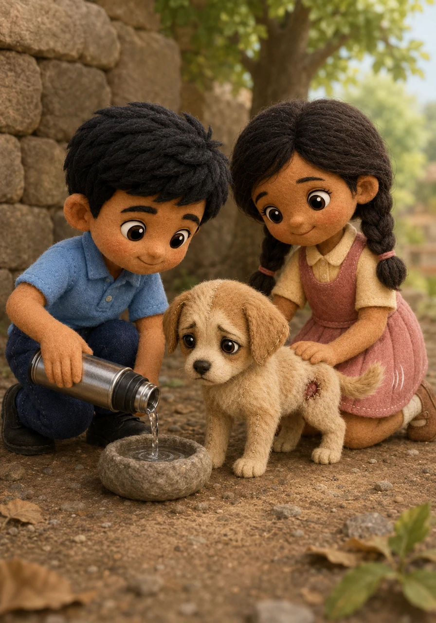 Aarav carefully pours a little water from his school flask into a small hollow stone, while Meera gently strokes the puppy's matted fur. Feeling the warmth of their touch, the little puppy stops shaking and gives her tail a tiny, hesitant wag for the very first time.