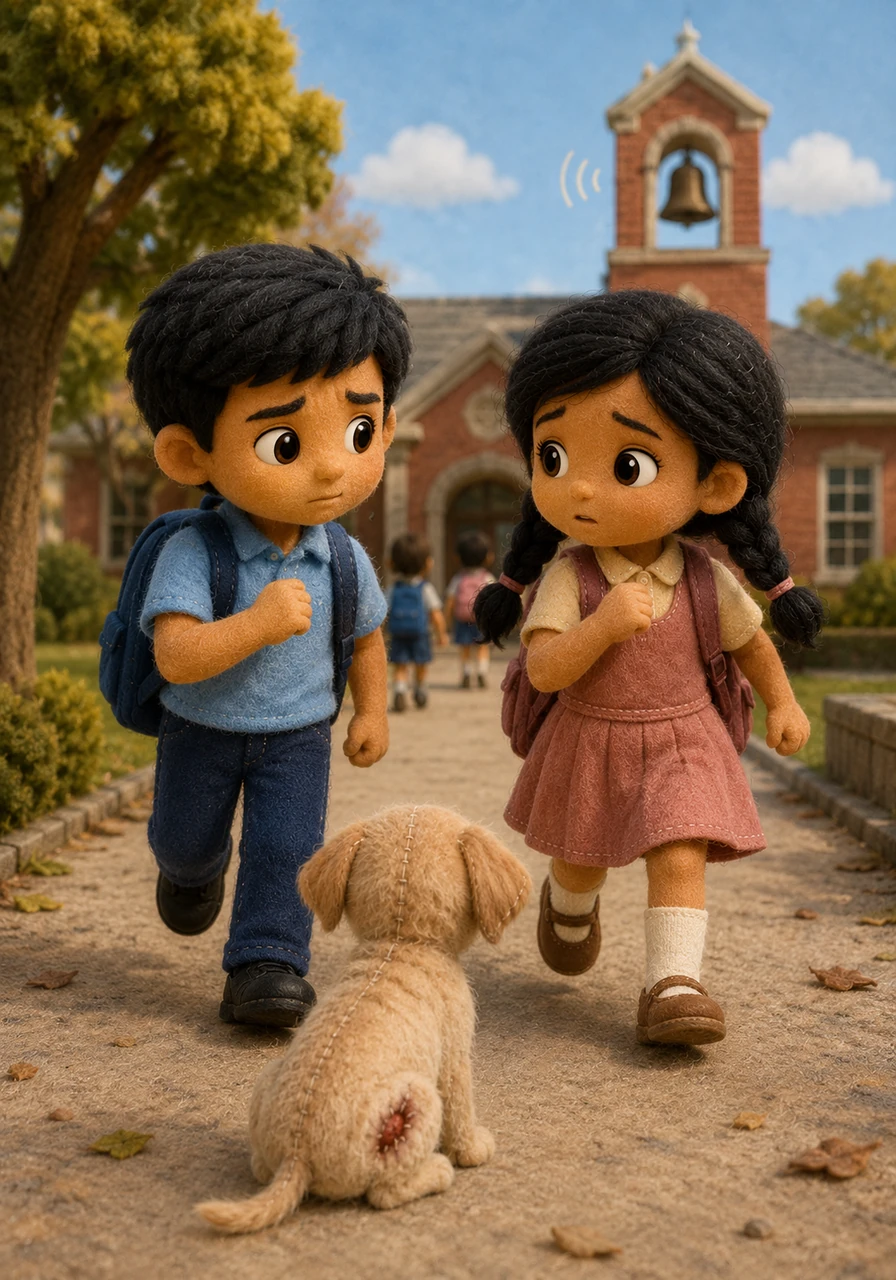As the distant school bell begins to ring, Aarav and Meera exchange a worried glance, realizing they must make a difficult choice. They softly promise the puppy they will return right after school, running toward their classes with a shared determination to help her.