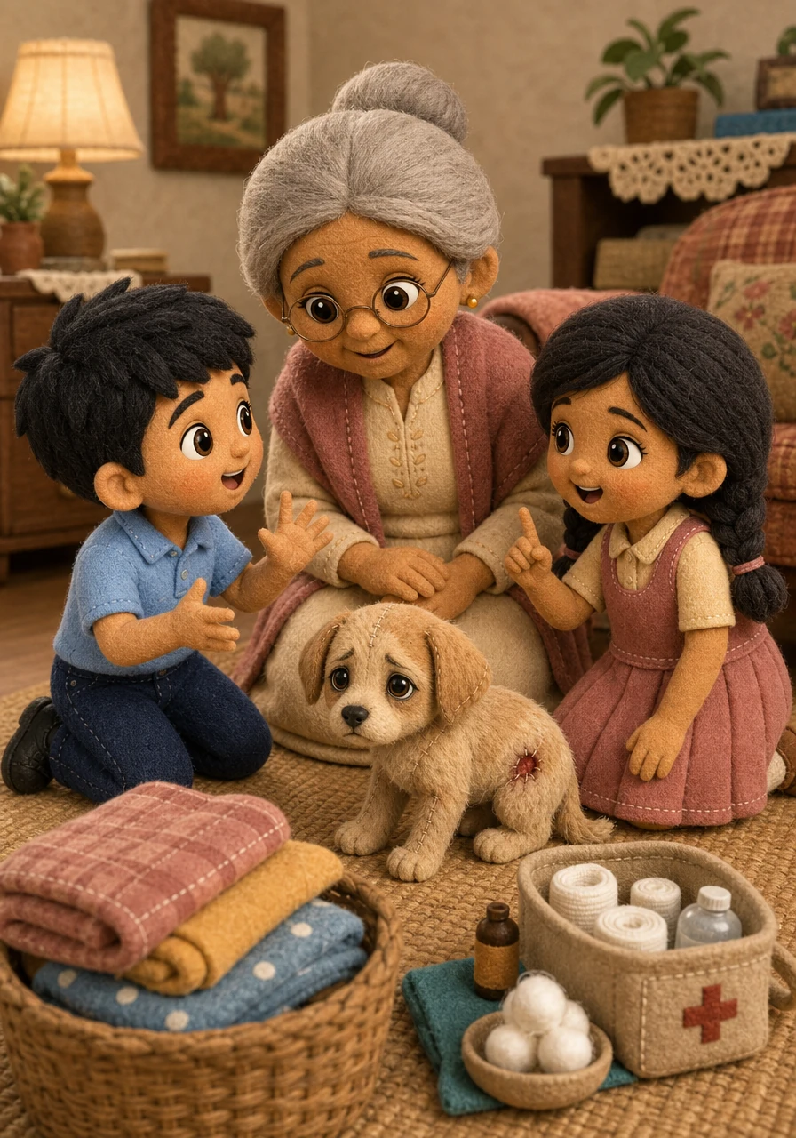 Later that afternoon, Grandma Nani listens intently with a wise, warm smile as the children eagerly recount their morning discovery. She gently reminds them that no act of kindness is ever too small, inspiring them to gather blankets and medical supplies to rescue their new friend.