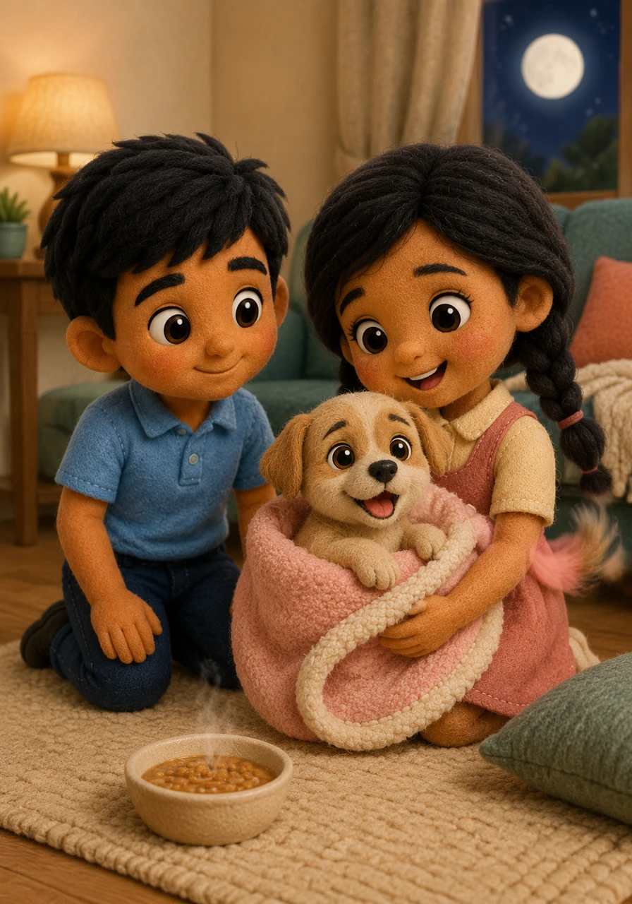 Back home, the puppy is safely cradled in a cozy blanket, her wounds clean and a bowl of warm food nearby. Meera joyfully decides to name her Luna because her gentle spirit shines just like the moon, and Luna responds with happy, enthusiastic tail wags.