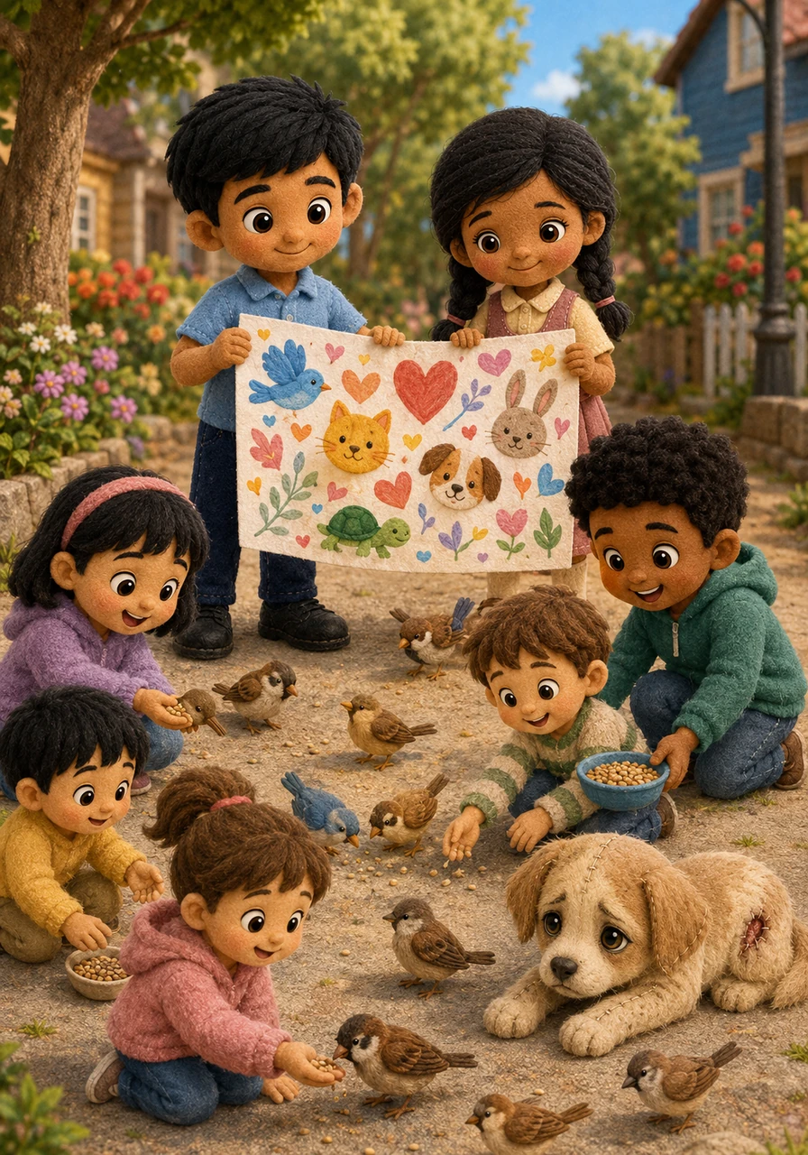 Inspired by Luna’s healing, Aarav and Meera create a colorful neighborhood 'Kindness Club' poster to encourage others to care for animals and people alike. Their enthusiasm catches on quickly, drawing in local friends who eagerly volunteer to feed birds, scatter seeds, and help out around the block.