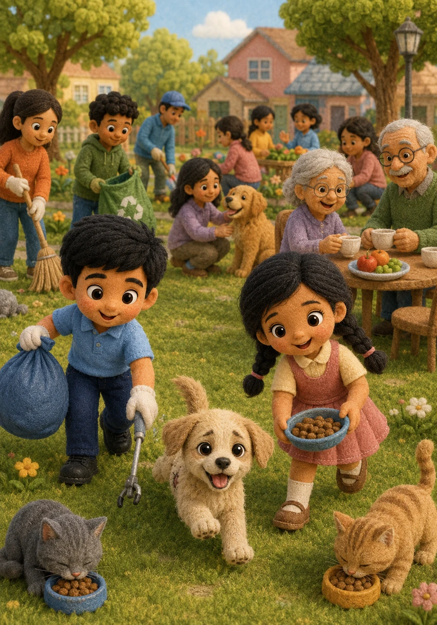 The entire neighborhood comes together for a grand 'Kindness Day' celebration, cleaning up parks, feeding strays, and sharing laughter with the elderly. Luna, now strong, playful, and full of joy, bounds happily through the crowd, embodying the magical ripple effect of love and community spirit.