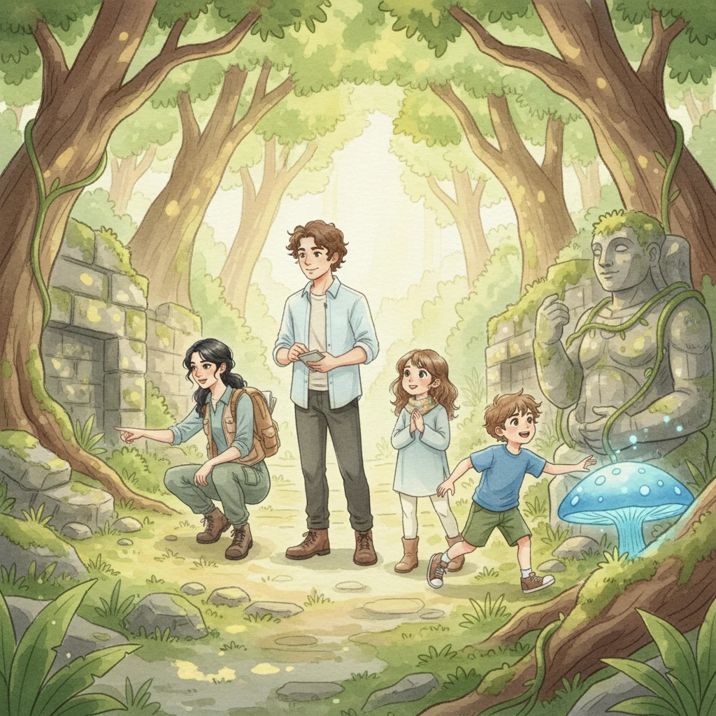 Sunlight dappled through ancient, overgrown trees, painting soft patterns on the mossy ruins of a forgotten research outpost. Leo, his sister Maya, and their parents, Sarah and Tom, explored with wide-eyed wonder, their forms soft against the vibrant greens of the jungle.
