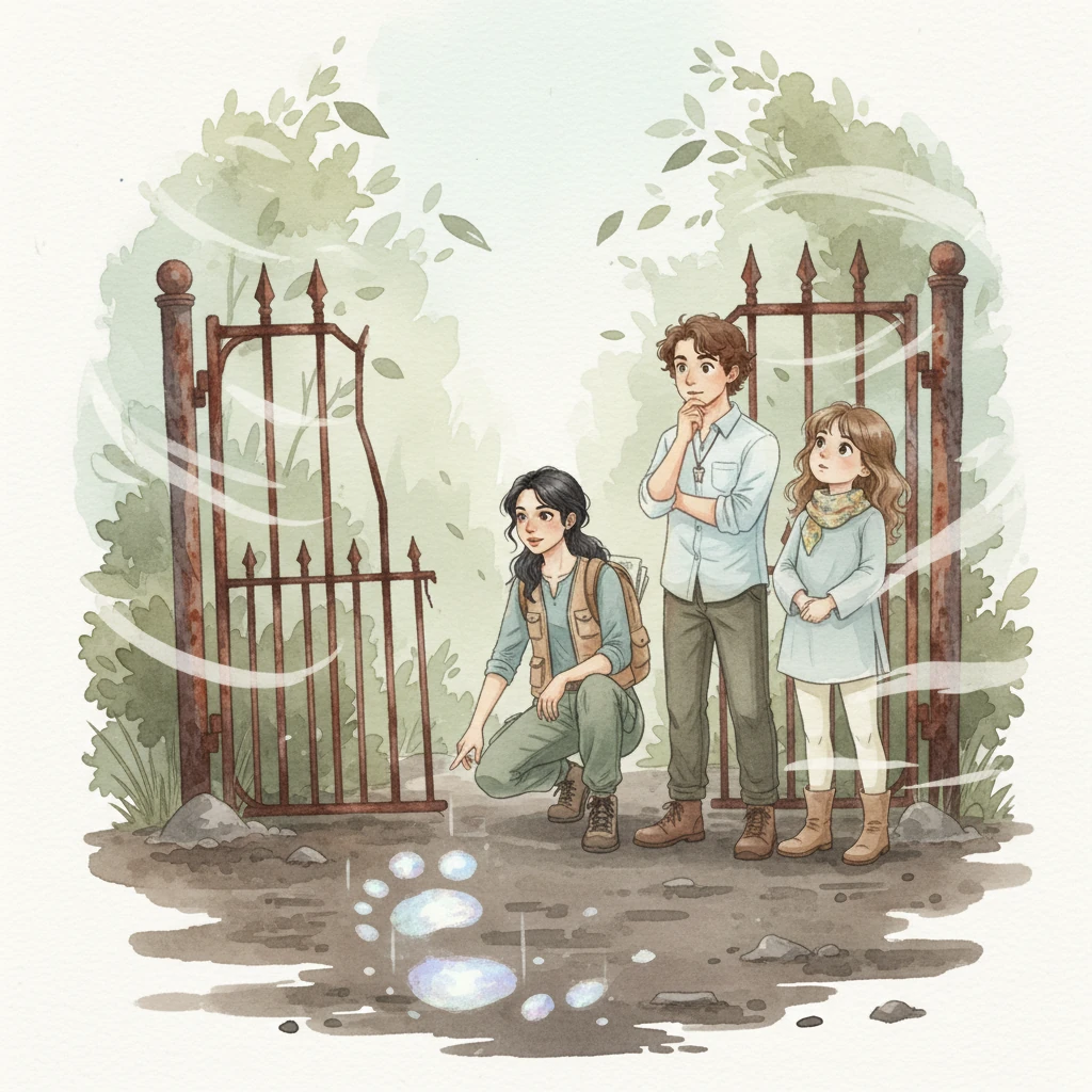 Near a broken, rusted gate, a faint, shimmering footprint lay in the wet mud, larger than anything they had ever seen. A sudden, unsettling silence fell upon the air, and a whisper of wind rustled through the leaves, carrying an unknown scent.