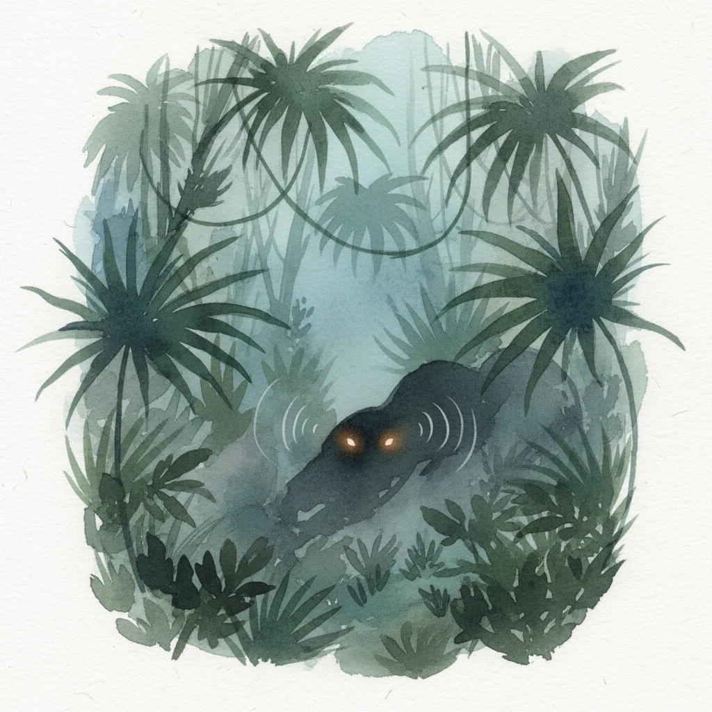 Deep within the shadows of the dense jungle, a fleeting, dark shape moved, its presence barely suggested by flowing brushstrokes. Two eyes, like amber sparks, glinted briefly from the gloom, followed by a low, rumbling growl that echoed softly through the humid air.