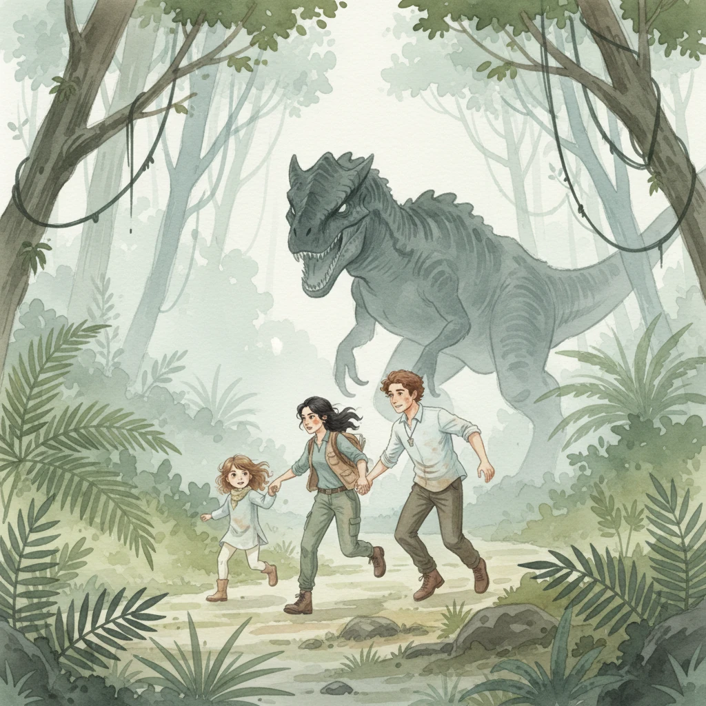 A blur of motion, the family sprinted through misty jungle paths, their figures urgent and small amidst the towering flora. The Indoraptor, a shadowy presence, its powerful form suggested by dark, flowing strokes, pursued relentlessly behind them.