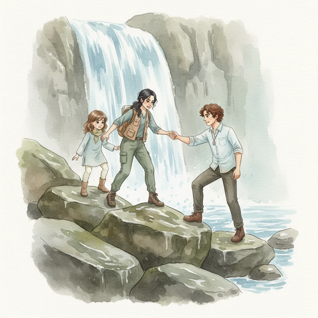 They clambered desperately over slippery, ancient stones near a cascading waterfall, its water a translucent, foamy rush. Hands reached out, helping each other up the treacherous incline, their breath coming in ragged gasps.