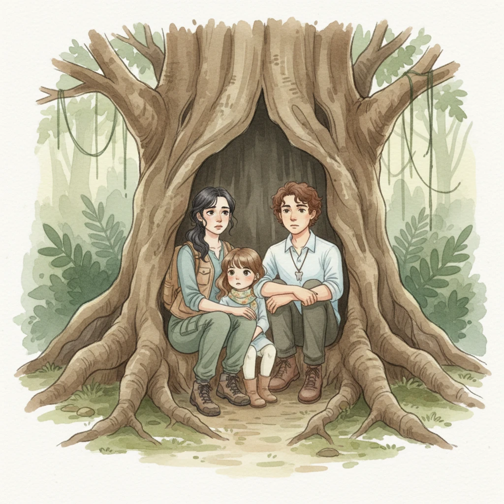 Huddled together, they found temporary refuge in the hollow of a giant, gnarled tree, its roots forming a natural cave. Their faces were pale against the soft greens and browns of their surroundings, as the jungle sounds pressed in around them, now seeming ominous.