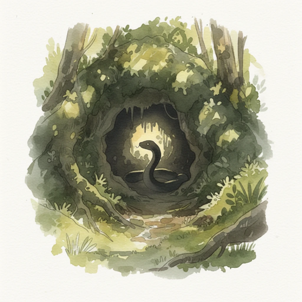 A dark, sinuous form, barely visible, emerged at the entrance of their hideout, its silhouette framed by dappled light filtering through the canopy. The air grew heavy, silent once more, as the creature sniffed the air, its presence a palpable threat.