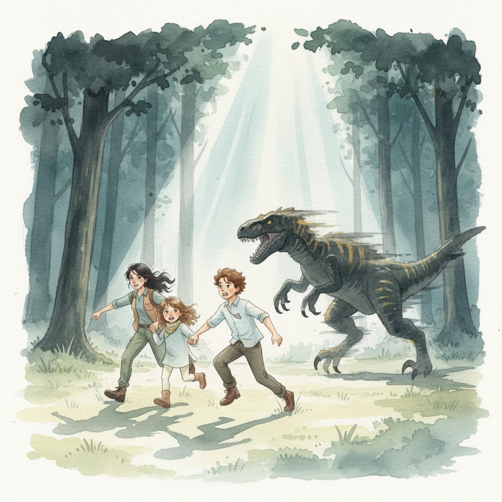 With a sudden burst of courage, they dashed across an open clearing, their figures illuminated by a shaft of moonlight that pierced the canopy. The Indoraptor's lunge was a dark, swift smear of color, a terrifying blur of motion just behind them.