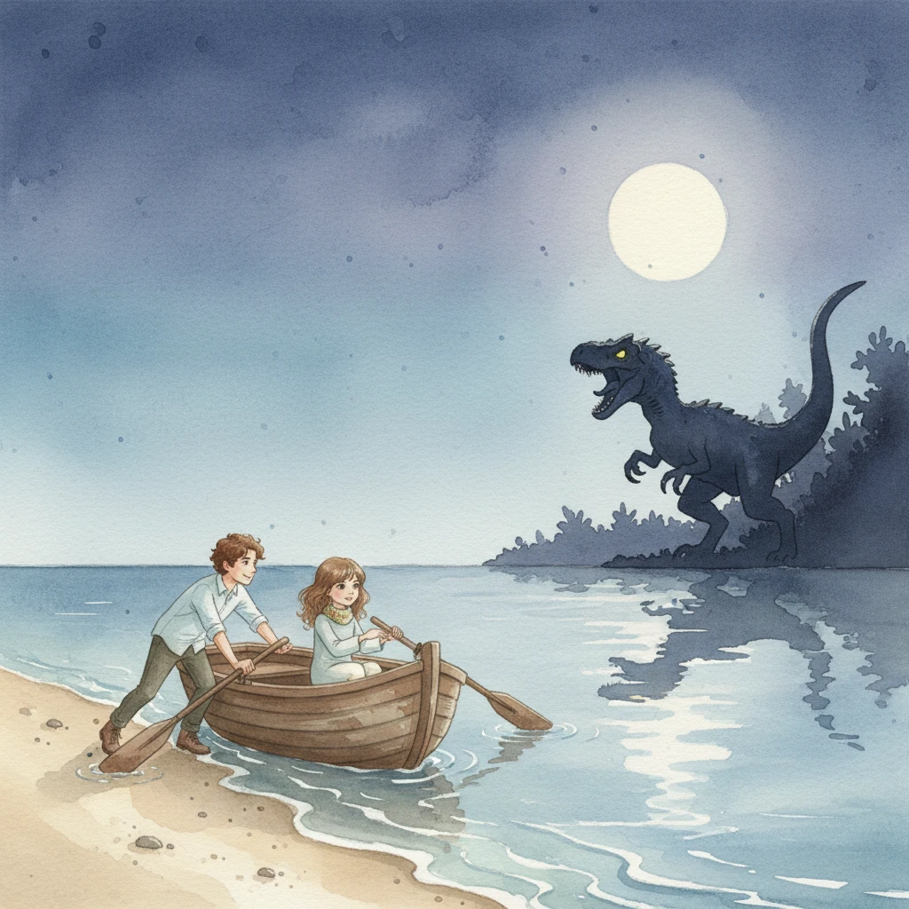 Scrambling into a small, weathered boat hidden by the shore, they pushed off frantically, oars dipping into the moonlit water. The Indoraptor roared from the receding bank, its powerful form a dark, frustrated silhouette against the twilight sky.