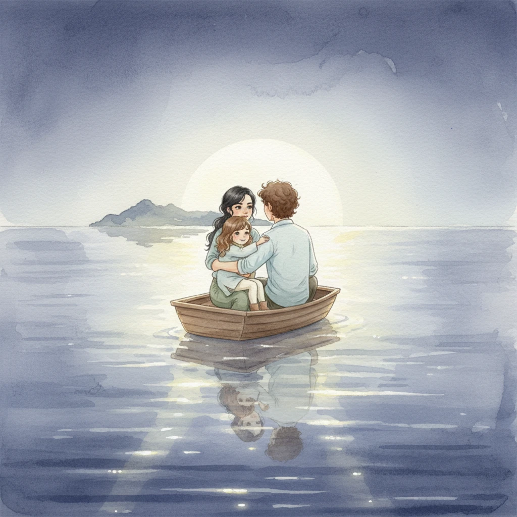 Drifting away on the calm, moonlit waters, the dense island became a distant, hazy shape behind them. The family held each other close, the fear slowly fading into quiet relief, as soft light reflected peacefully on the gentle waves.