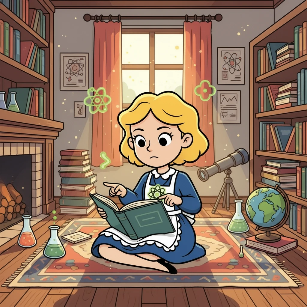 Young Marie, with bright eyes and a curious mind, loved to explore the world around her. In her childhood home, filled with books and wonder, she dreamt of unraveling the mysteries of science. She spent hours studying, eager to learn and understand everything.