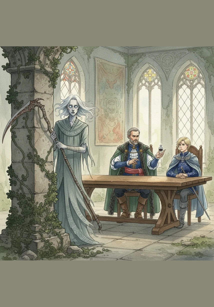 Hidden behind a pillar draped in thick green vines, Dante froze as he heard his master’s voice, once warm but now cold and resolute. The master spoke of a prepared poison and a guest at the high table who must not leave the chambers alive. Dante’s heart tightened, the weight of a terrible secret pressing down upon his soul.