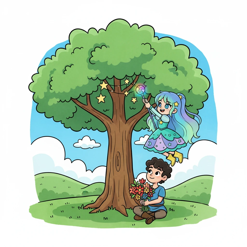 Miguel, com seus cabelos escuros e sorriso cativante, esperava por Aurora sob a sombra de uma árvore frondosa. Ele a amava profundamente e admirava sua força e gentileza. Ele segurava um buquê de flores vibrantes, pronto para surpreendê-la.