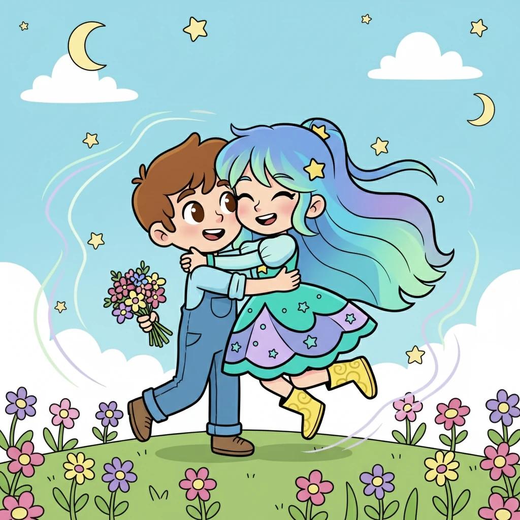 Os dois se encontraram, o olhar apaixonado de Miguel encontrando o brilho nos olhos de Aurora. Ele entregou as flores, e ela o abraçou com carinho. O amor deles era palpável, como uma melodia suave no ar.