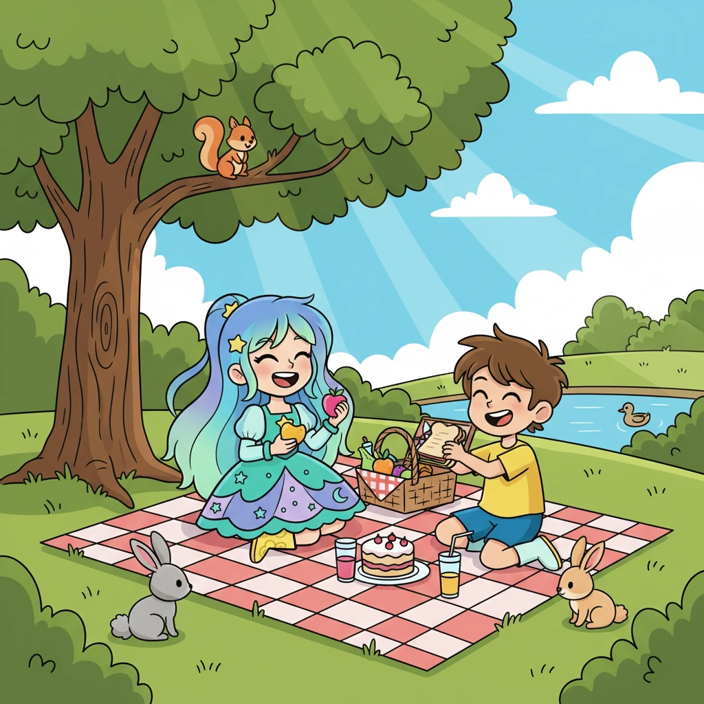 Em um piquenique no parque, Aurora e Miguel desfrutavam de um almoço delicioso. Eles riram, brincaram e se maravilharam com a beleza da natureza. A felicidade deles era contagiante.