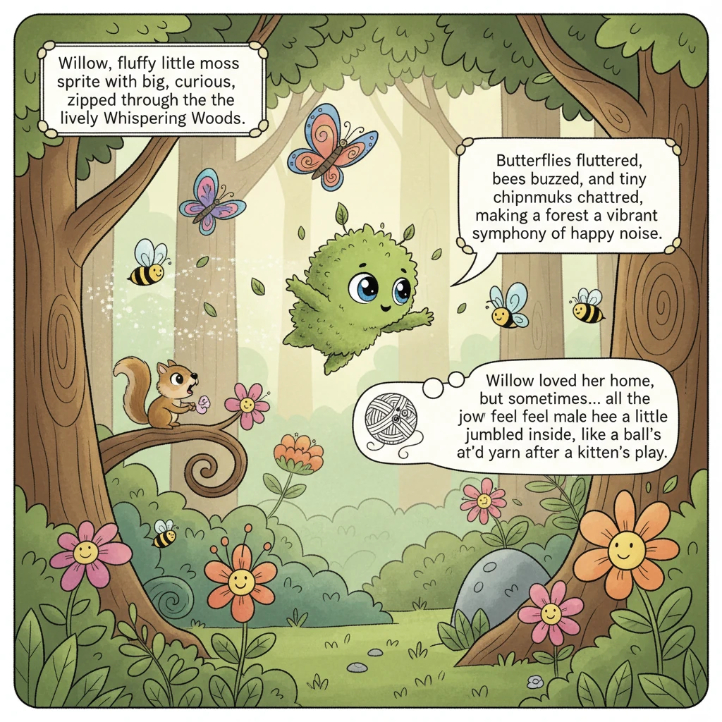 Willow, a fluffy little moss sprite with big, curious eyes, zipped through the lively Whispering Woods. Butterflies fluttered, bees buzzed, and tiny c