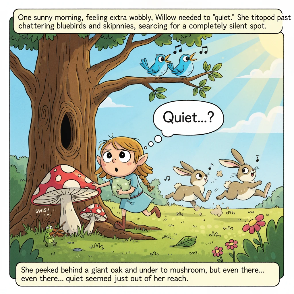 One sunny morning, feeling extra wobbly, Willow decided she needed to find 'quiet.' She tiptoed past chattering bluebirds and skipping bunnies, search