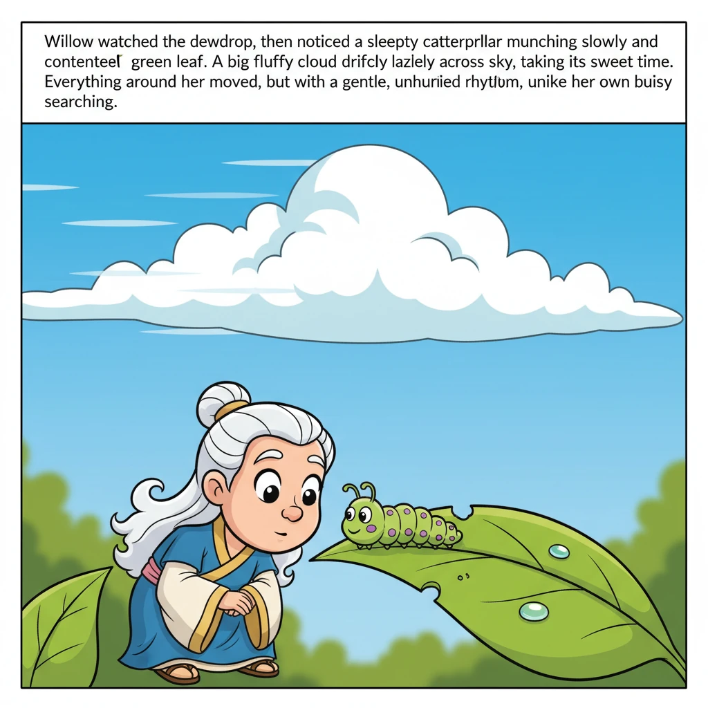 Willow watched the dewdrop, then noticed a sleepy caterpillar munching slowly and contentedly on a bright green leaf. A big, fluffy cloud drifted lazi