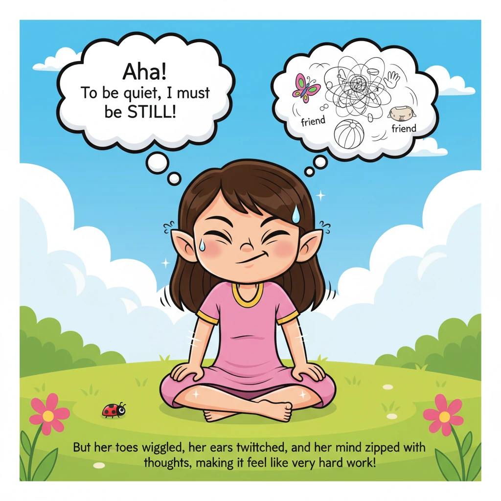 'Aha!' thought Willow, her eyes widening with a sudden idea. 'To be quiet, I must be STILL!' She tried to sit as stiff as a stone, holding her breath,