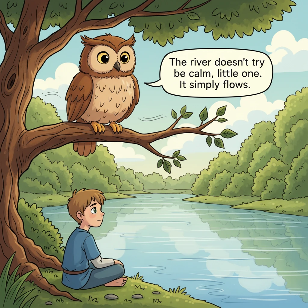 A wise old owl, perched high above on a sturdy branch, hooted softly, his feathers ruffled by a gentle breeze. 'The river doesn't try to be calm, litt