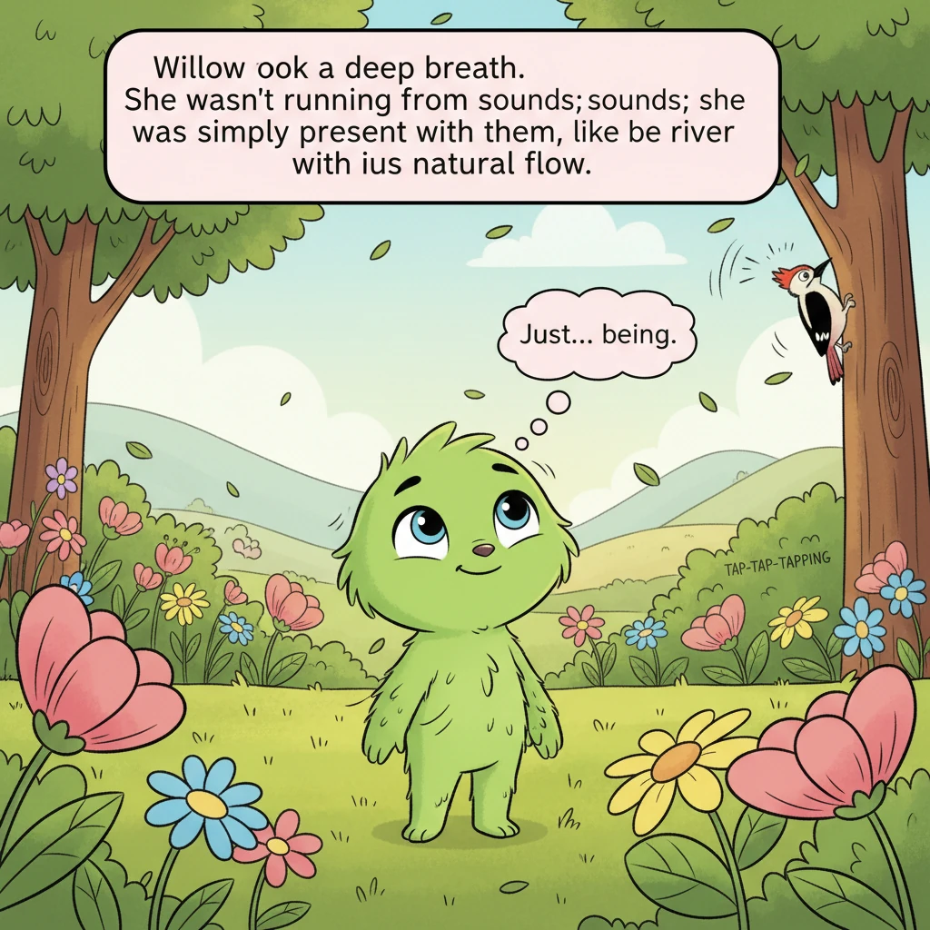 Willow took a deep breath, not trying to be quiet anymore, but just *being*. She felt the soft breeze ruffle her green fur, heard the distant woodpeck