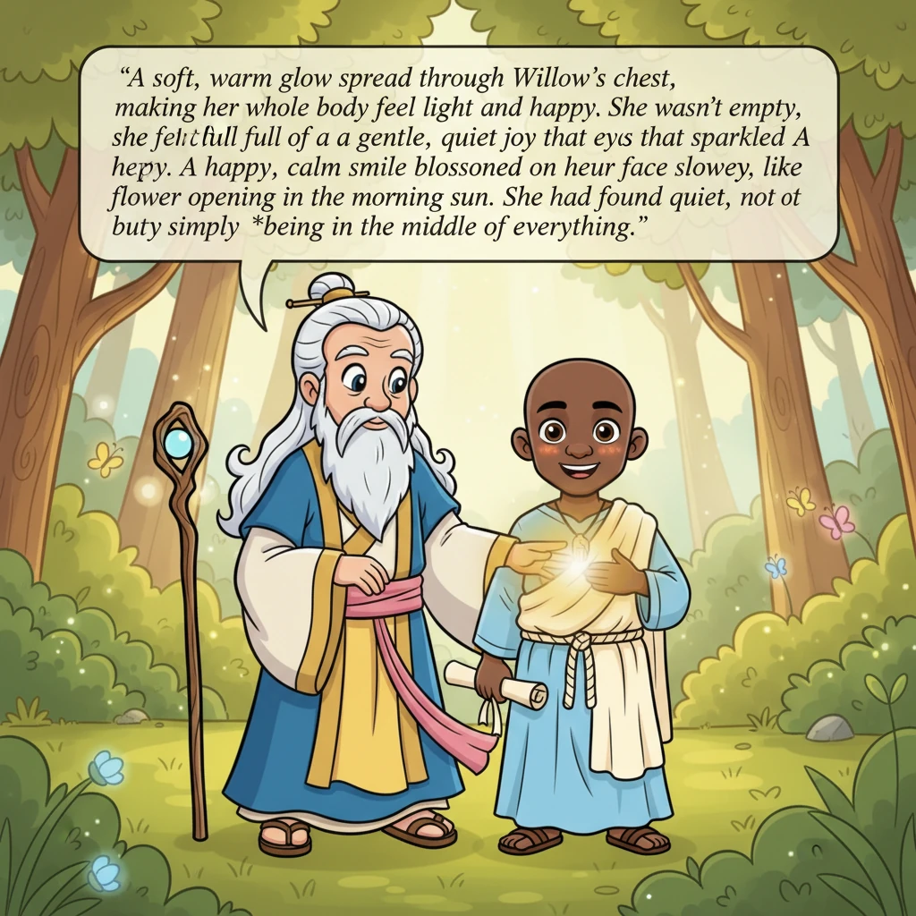 A soft, warm glow spread through Willow's chest, making her whole body feel light and happy. She wasn't empty; she felt full of a gentle, quiet joy th