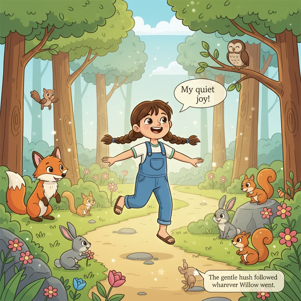 Willow returned to the bustling forest, but now, the joyful noise didn't jumble her at all. She skipped and played, her movements light and free, carr