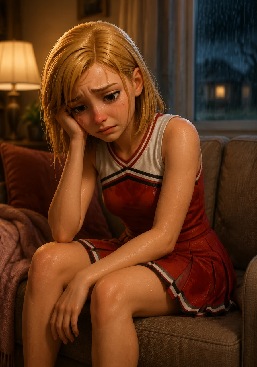 Genny runs through the rain, tears streaming down her face, as she seeks refuge at her best friend Azmio Adams' house. Her heart is shattered into pieces after her sister Quinn spread a devastating rumor across the school. Safe inside Azmio's living room, Genny collapses onto the couch, completely overwhelmed by the betrayal.