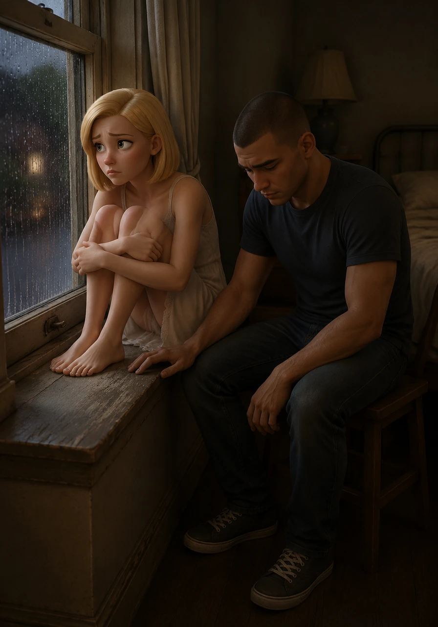 Days pass in a blur of sorrow as Genny refuses to eat or sleep, staring blankly out the window of Azmio's guest room. The painful lie that she was replaced by her own sister weighs heavily on her mind and body. Azmio sits nearby, offering quiet support but feeling completely helpless against her deep grief.